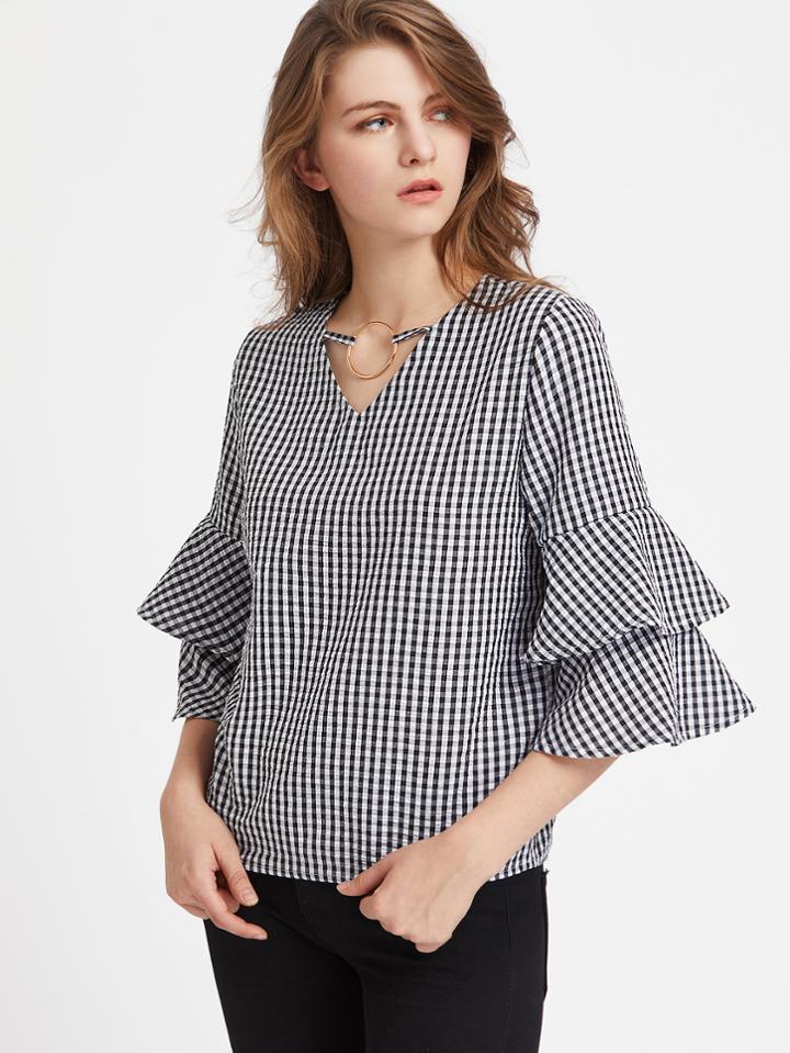 Shein O Ring Detail Two Layer Ruffle Sleeve Checkered Top