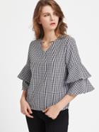 Shein O Ring Detail Two Layer Ruffle Sleeve Checkered Top