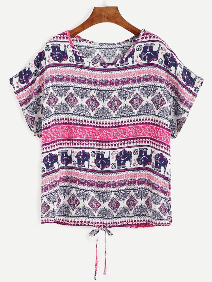 Shein Elephant Print Drawstring Hem T-shirt