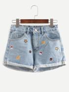 Shein Blue Embroidered Cuffed Denim Shorts