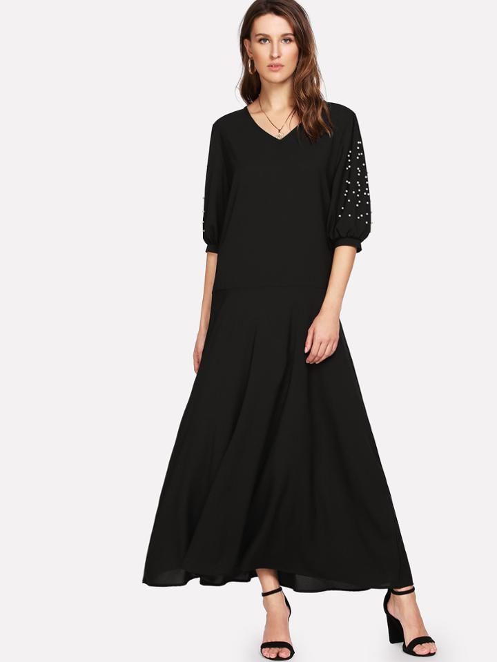 Shein V Neckline Pearl Beaded Dress