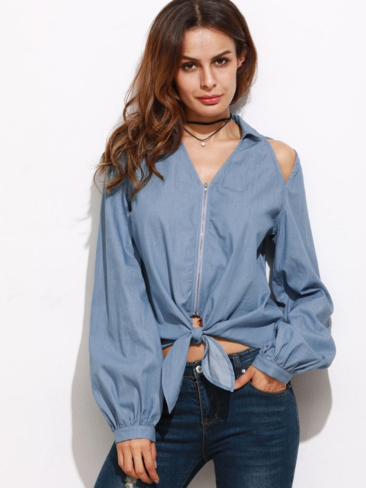 Shein Blue Cutout Zip Up Knot Front Chambray Blouse