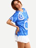Shein Blue Ombre Pom Pom Trimmed Circle Print Dress