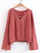 Shein Lace Up Plunge Neckline High Low Sweater