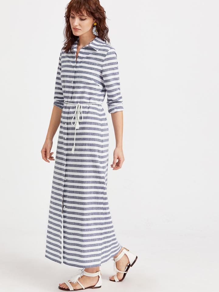 Shein Striped Side Slit Shirt Dress With Belt