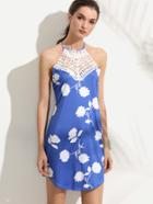Shein Blue Criss Cross Back Flower Print Crochet Insert Dress