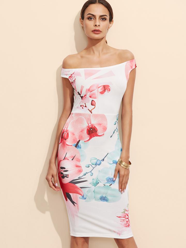 Shein White Flower Print Off The Shoulder Pencil Dress