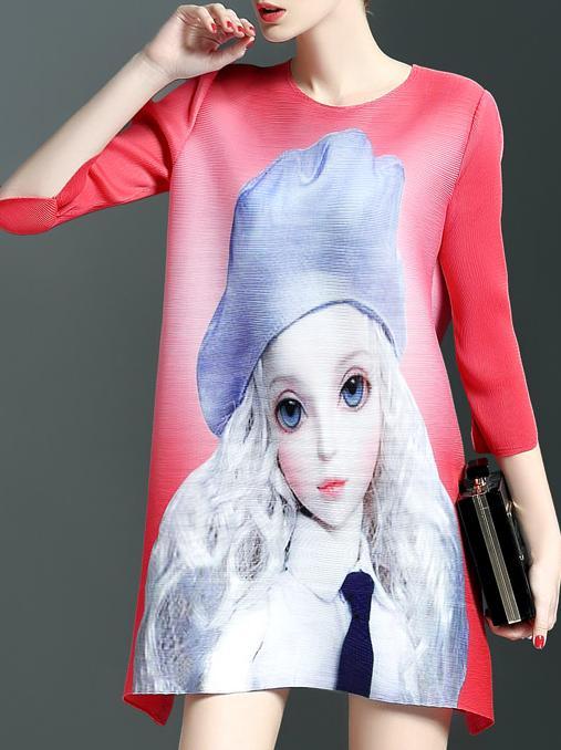 Shein Hot Pink Girl Print Pleated Elastic Dress