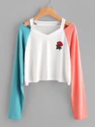 Shein Cut Out Neck Contrast Sleeve Rose Patch Tee