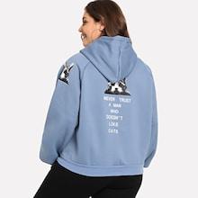 Shein Plus Cat And Letter Print Hooded Sweatshirt