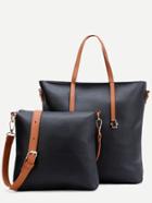 Shein Black Faux Leather Tote Bag Set With Convertible Strap