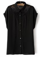 Rosewe New Arrival Turndown Collar Black Blouse With Button