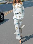 Shein White Lapel Fishes Print Top With Pants