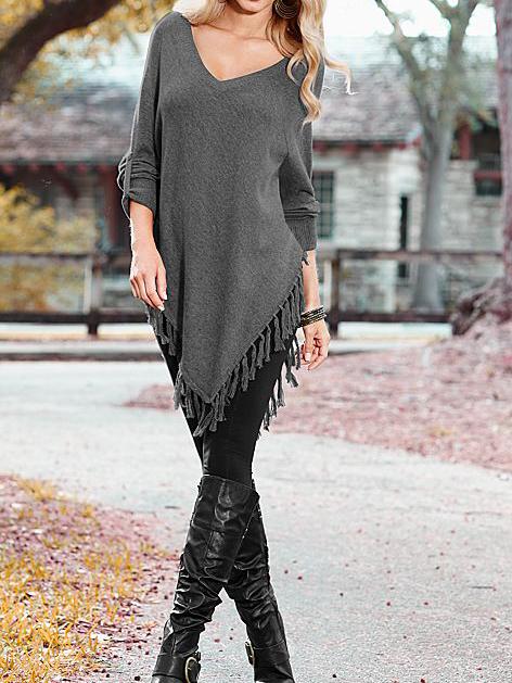 Shein Grey V Neck Tassel Loose Knitwear