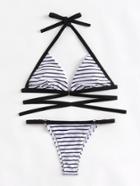 Shein Striped Print Contrast Piping Bikini Set