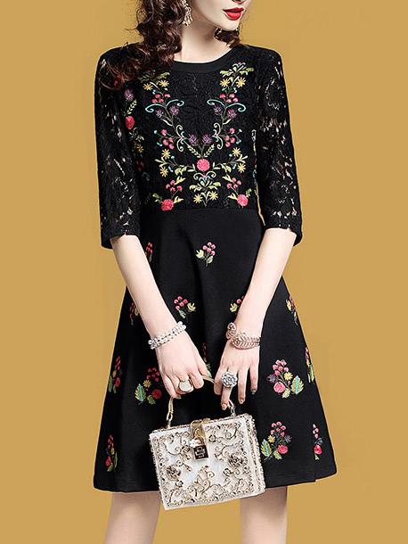 Shein Flowers Embroidered Contrast Lace Dress