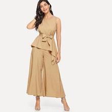 Shein Solid Stand Collar Top With Wide Leg Pants