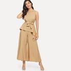 Shein Solid Stand Collar Top With Wide Leg Pants