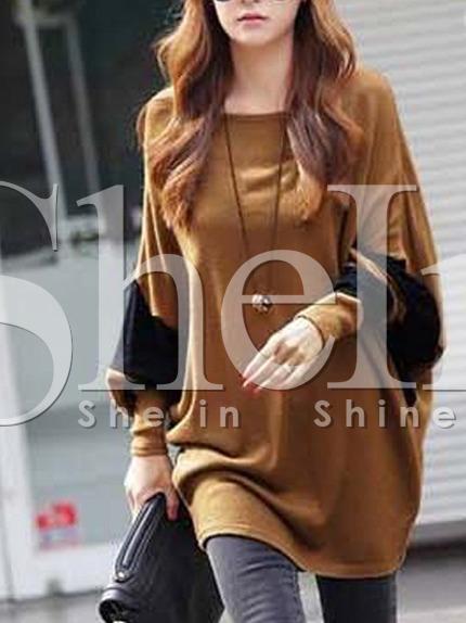 Shein Khaki Color Block Batwing Sleeve Loose T-shirt