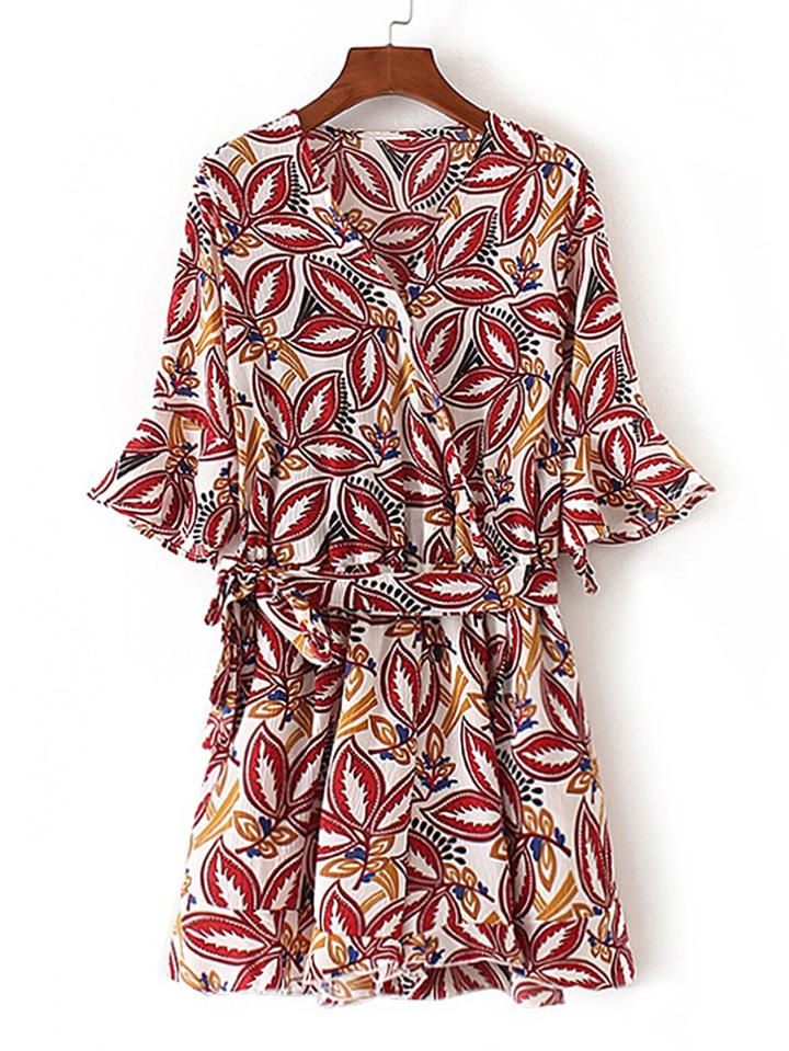 Shein Bell Sleeve Wrap Playsuit With Self Tie