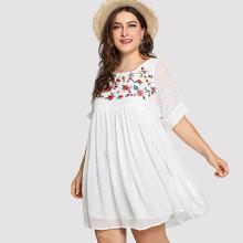 Shein Plus Flower Embroidered Dot Jacquard Smock Dress