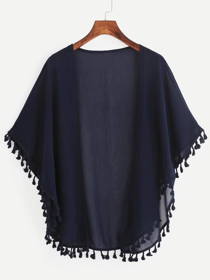 Shein Navy Tassel Trimmed Open Front Chiffon Blouse