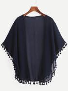 Shein Navy Tassel Trimmed Open Front Chiffon Blouse