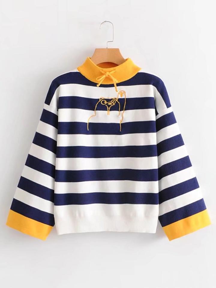 Shein Bear Embroidery Contrast Trim Striped Sweater