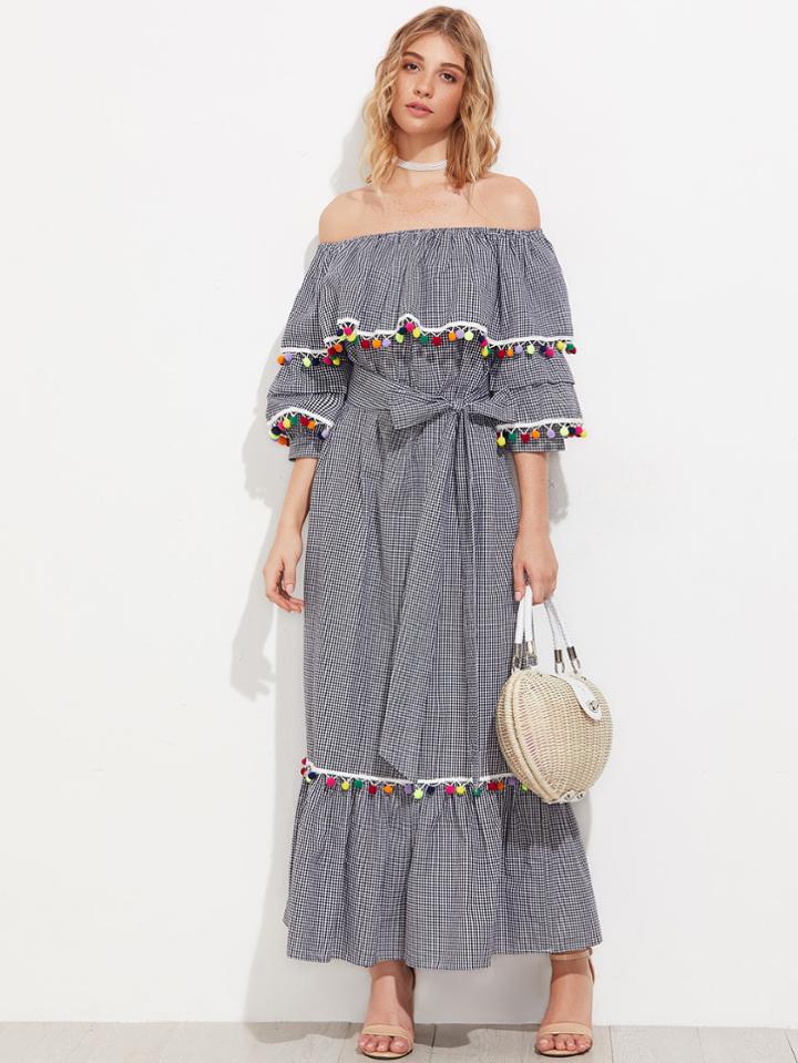 Shein Pom Pom Trim Self Tie Frill Bardot Dress