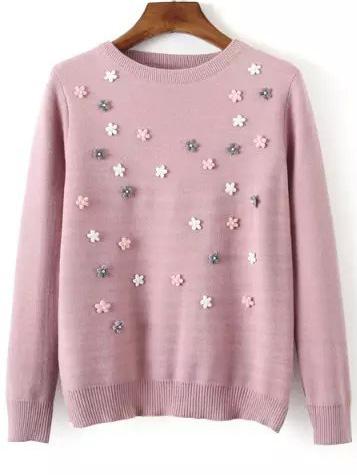 Shein Pink Crew Neck Bead Slim Sweater