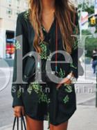 Shein Dark Green Long Sleeve Floral Pockets Dress