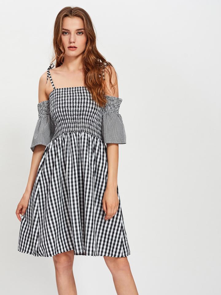 Shein Shirred Gingham Swing Dress