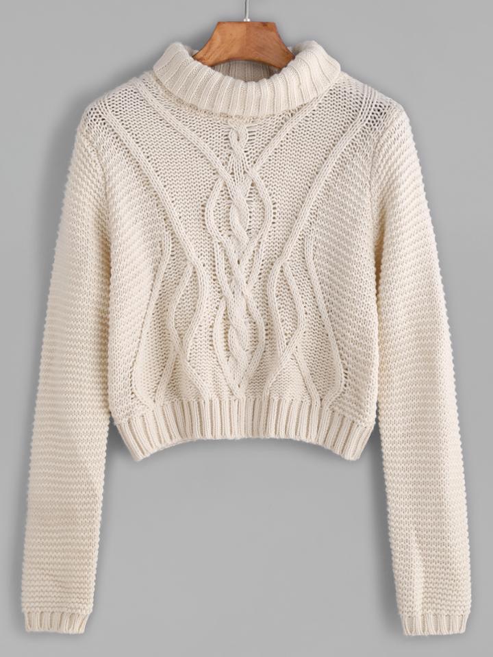Shein Apricot Turtleneck Crop Cable Knit Sweater