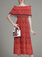 Shein Red Boat Neck Tassel Floral A-line Dress