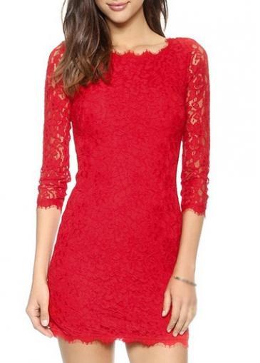 Rosewe Catching Zipper Closure Three Quarter Sleeve Red Dress