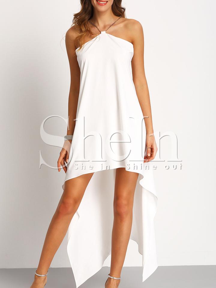 Shein White Chain Halter Neck Asymmectric Dress