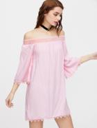 Shein Pink Off The Shoulder Contrast Crochet Dress