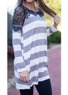 Rosewe Striped Print Lace Patchwork T Shirt