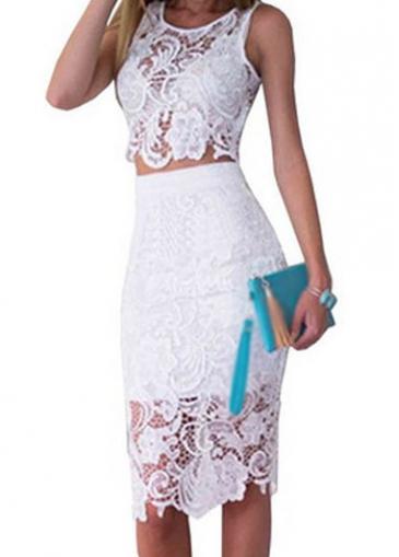Rosewe Lace Crochet Sleeveless Two Piece Dress