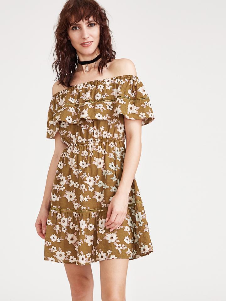 Shein Mustard Flounce Layered Neckline Ditsy Print Dress
