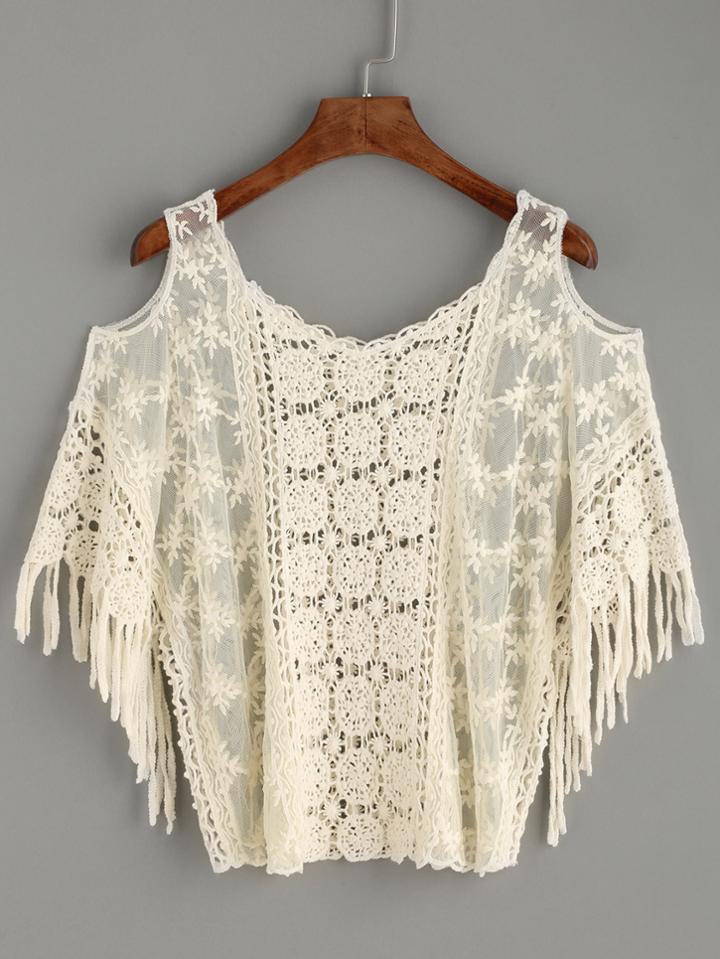 Shein Beige Open Shoulder Crochet Insert Embroidered Mesh Top