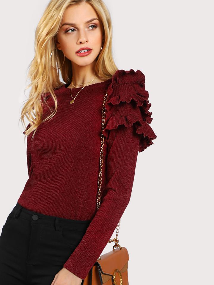 Shein Layered Ruffle Shoulder Rib Knit T-shirt