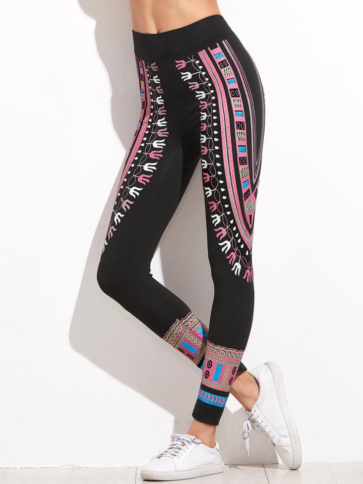Shein Black Vintage Print Ankle Leggings