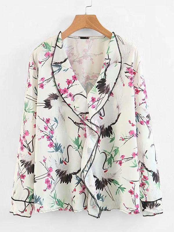 Shein Random Print Ruffle Blouse
