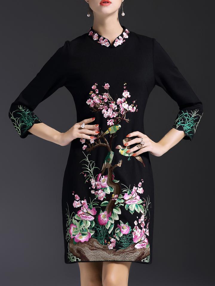 Shein Black Collar Flowers Embroidered Shift Dress
