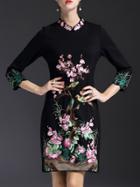 Shein Black Collar Flowers Embroidered Shift Dress