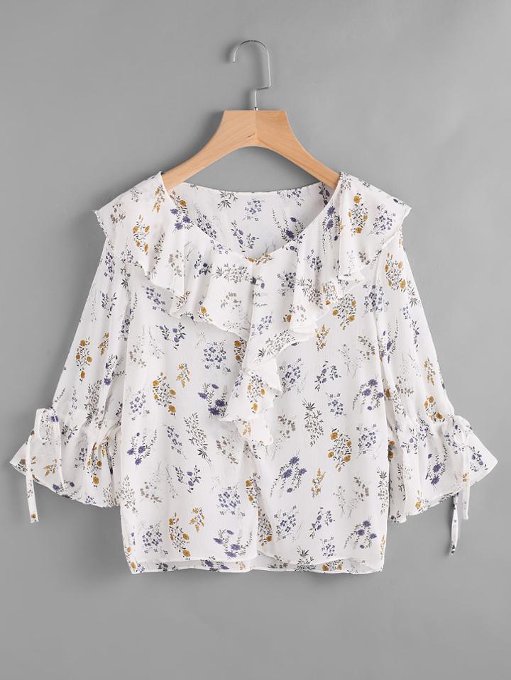 Shein Calico Print Frill Trim Tie Cuff Top