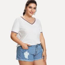 Shein Plus V Neck Striped Trim T-shirt