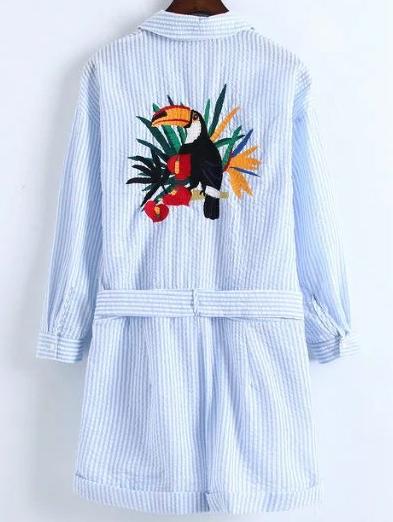 Shein Pinstripe Embroidery Back Playsuit With Self Tie