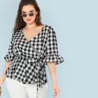 Shein Plus Flounce Sleeve Self Belted Plaid Top